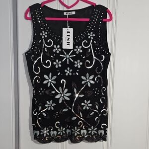 Black Sequin Tank Top with Floral Design